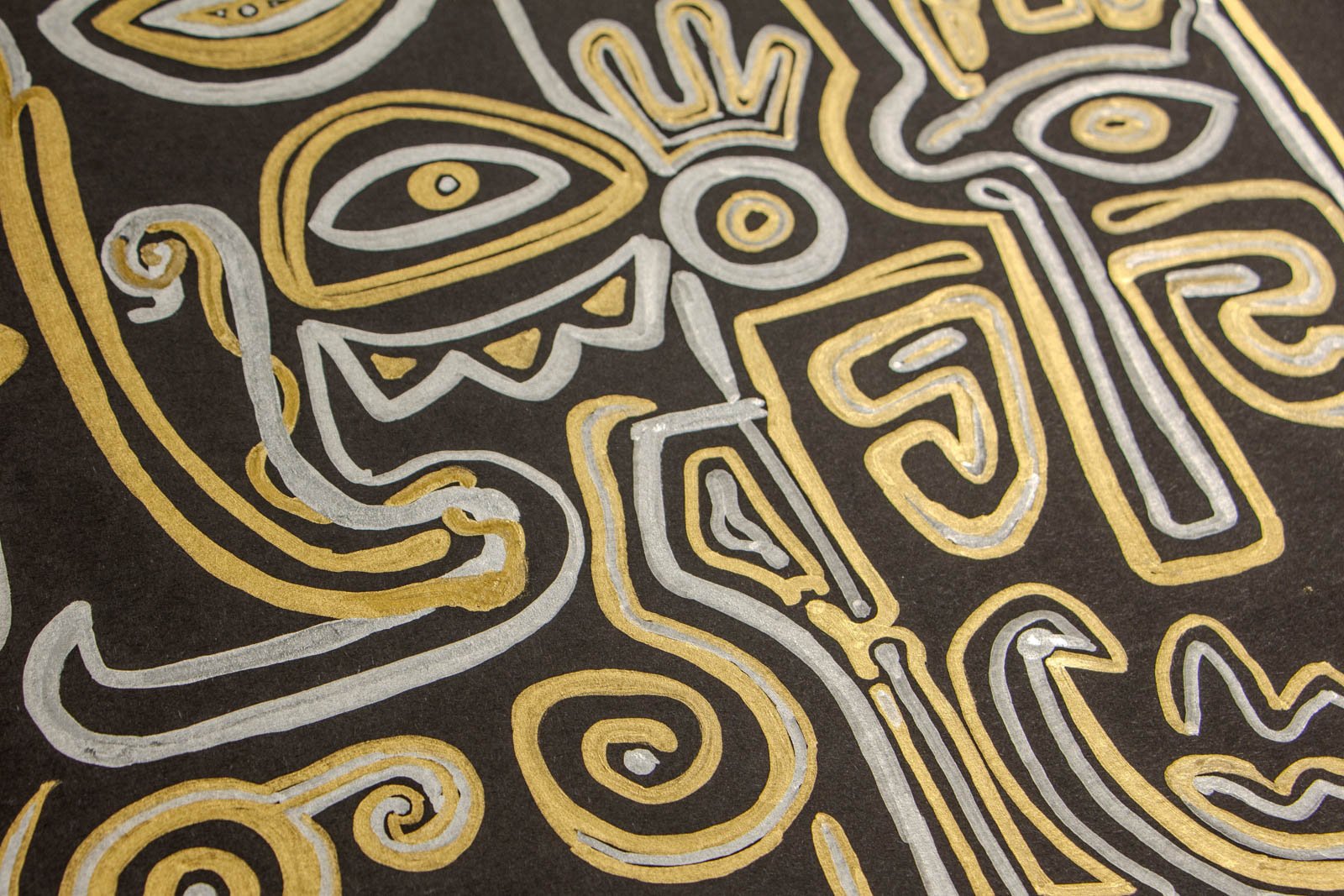 Golden Nostalgia 004 detail: sweeping cheek stroke, crowned eye cluster and interlocking scrolls in shimmering paint