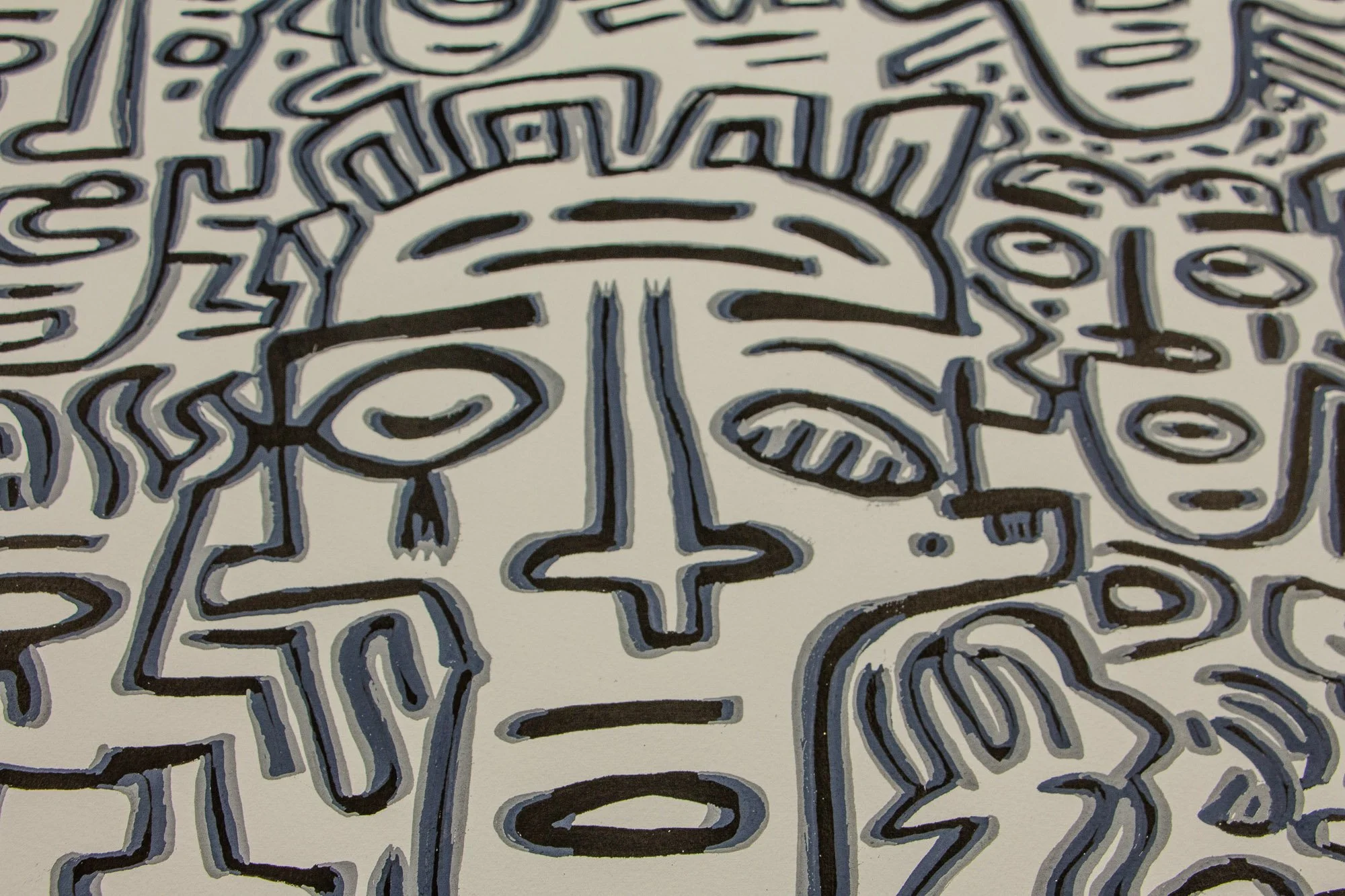 Luminous Parallax 004 detail: broader view of the central figure within a dense field of surrounding faces and signs, emphasizing the work’s layered spatial and psychological drift.