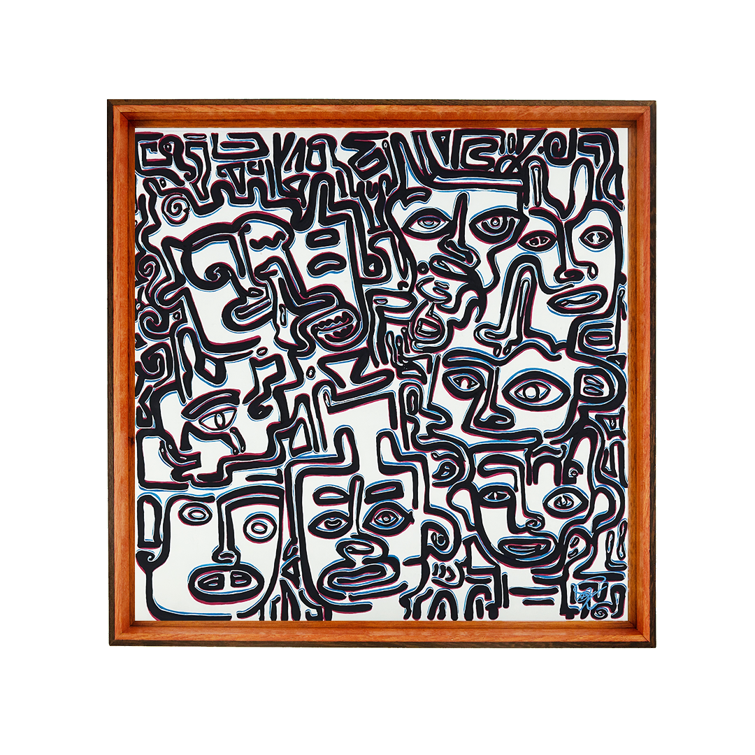 The crowd speaks without sound; faces stack and loop until tension loosens into patterned calm. Silence’s Caesura: 001; ink on paper; floating mount; oak–mahogany–wengé frame with soft pink-blue inner edge; pink & blue offsets.
