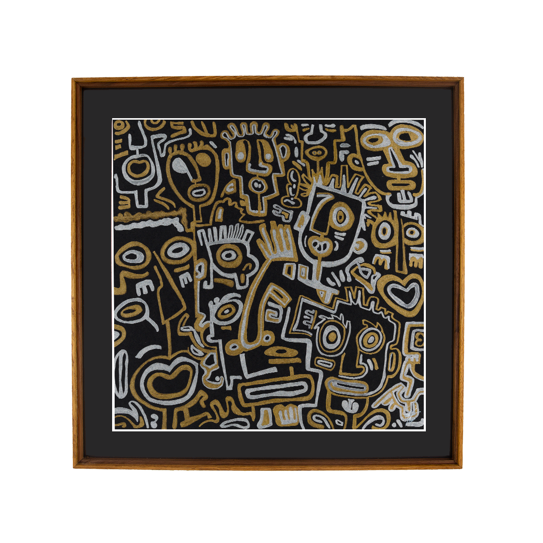 Recognition rises without demand. Golden Nostalgia: Artwork 001; ink on paper; stratified oak frame with a mahogany detail; gold & silver.