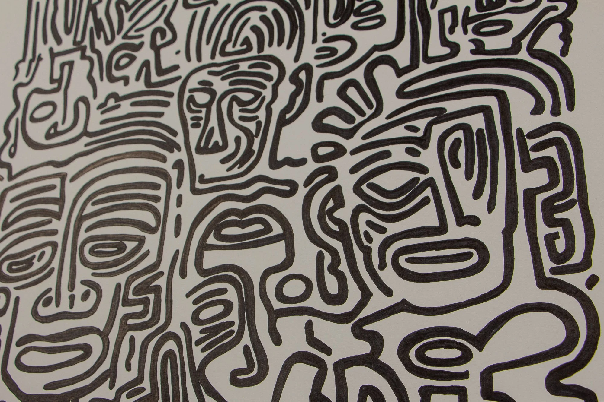 Mêlée of Discovery 002 detail: close-up of the composition, where interlocking black linework on a light ground forms layered faces, symbols, and shifting directions within a dense, open field.