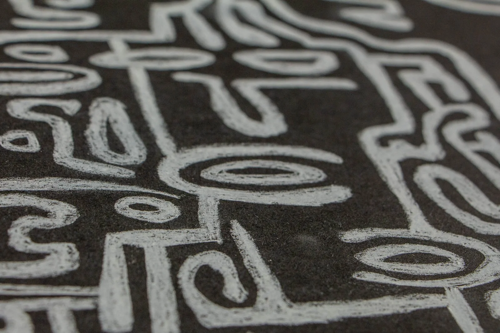 Synaptic Mythos 001 detail: raking view across interlocking ovals and bridges; paint body slightly translucent; double passes leave pale fringes and darker joins