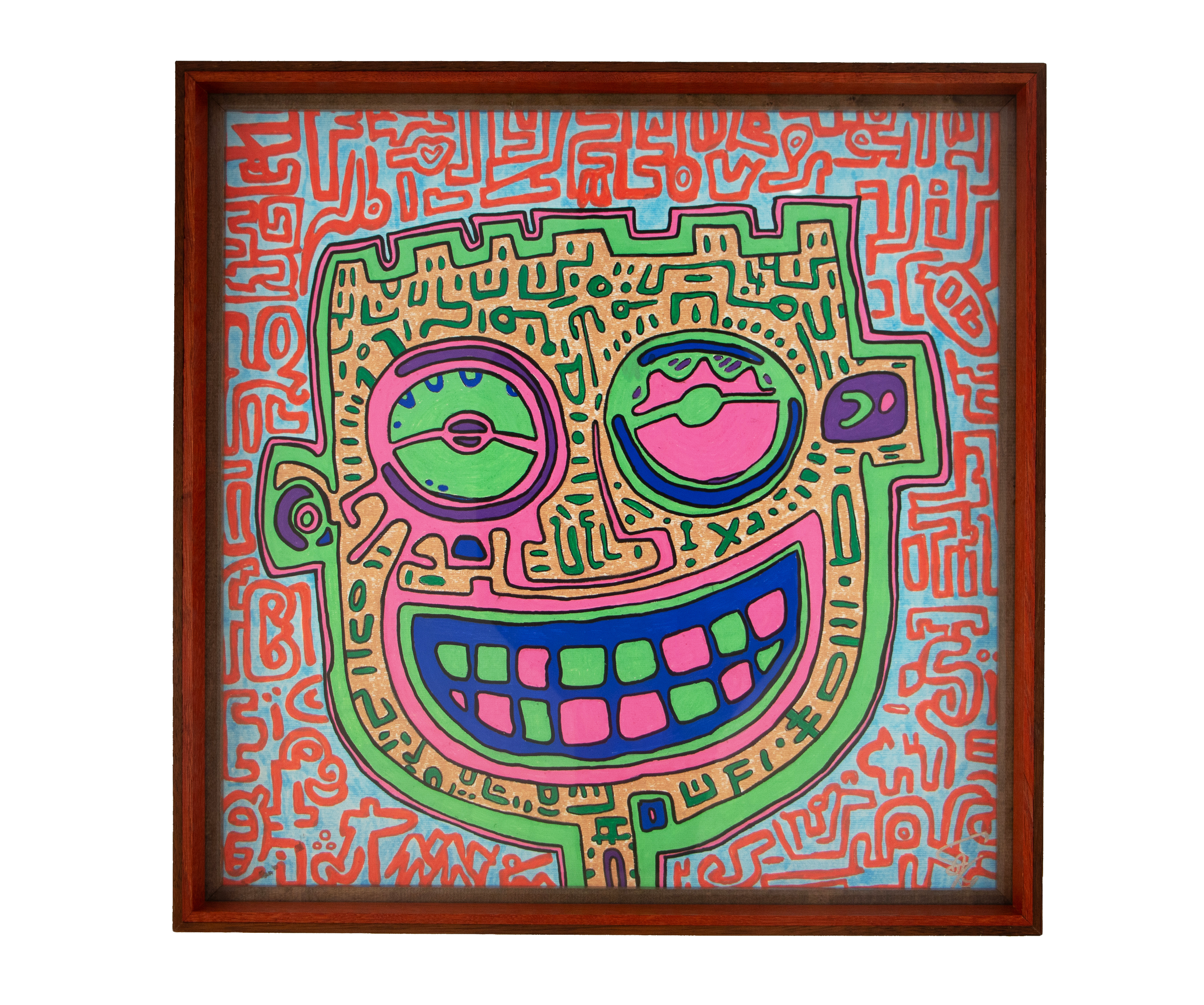 A smiling face with green and pink features on beige, surrounded by red and blue symbols. Unseen Signifiers 008; colorful composition; layered wooden frame.