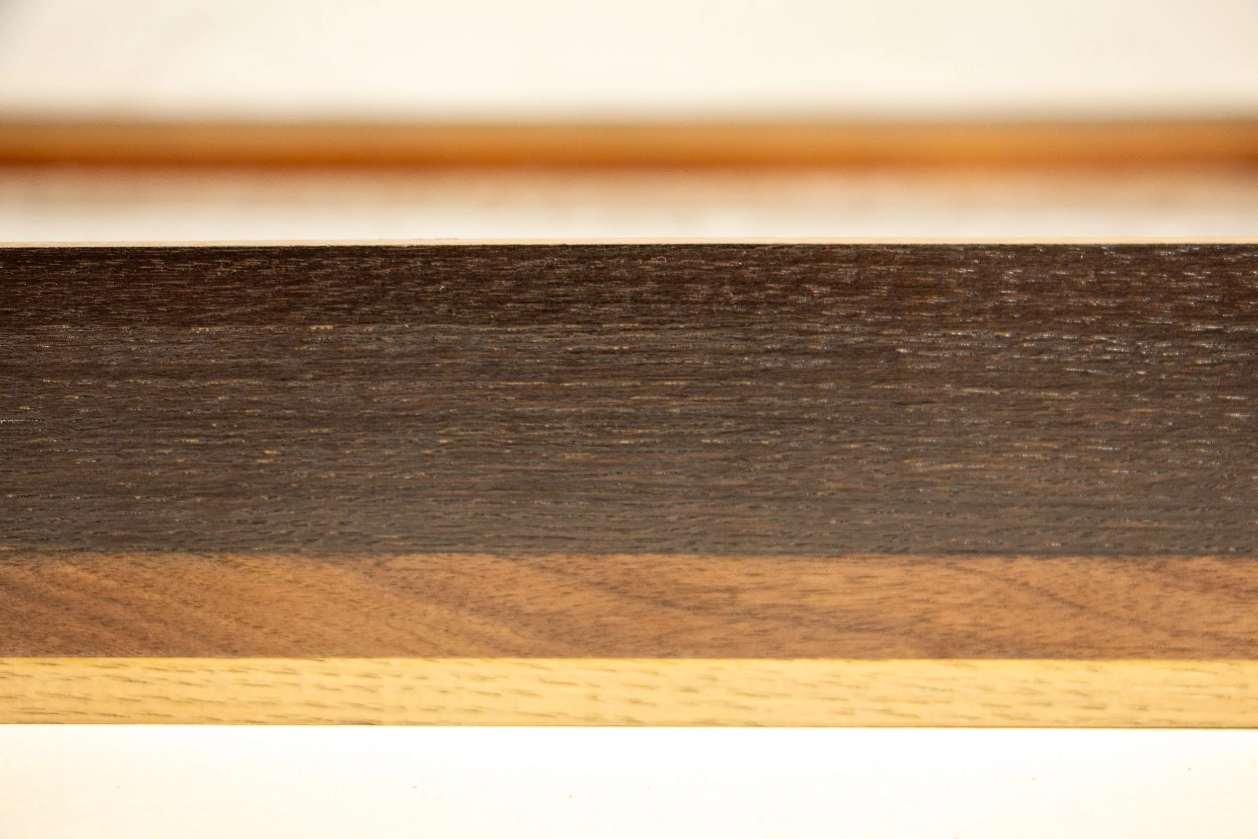 Mêlée of Discovery 002 frame: cropped straight-on profile detail emphasizing the smooth tonal transition between the dark outer band, the warm central strip, and the pale base layer.