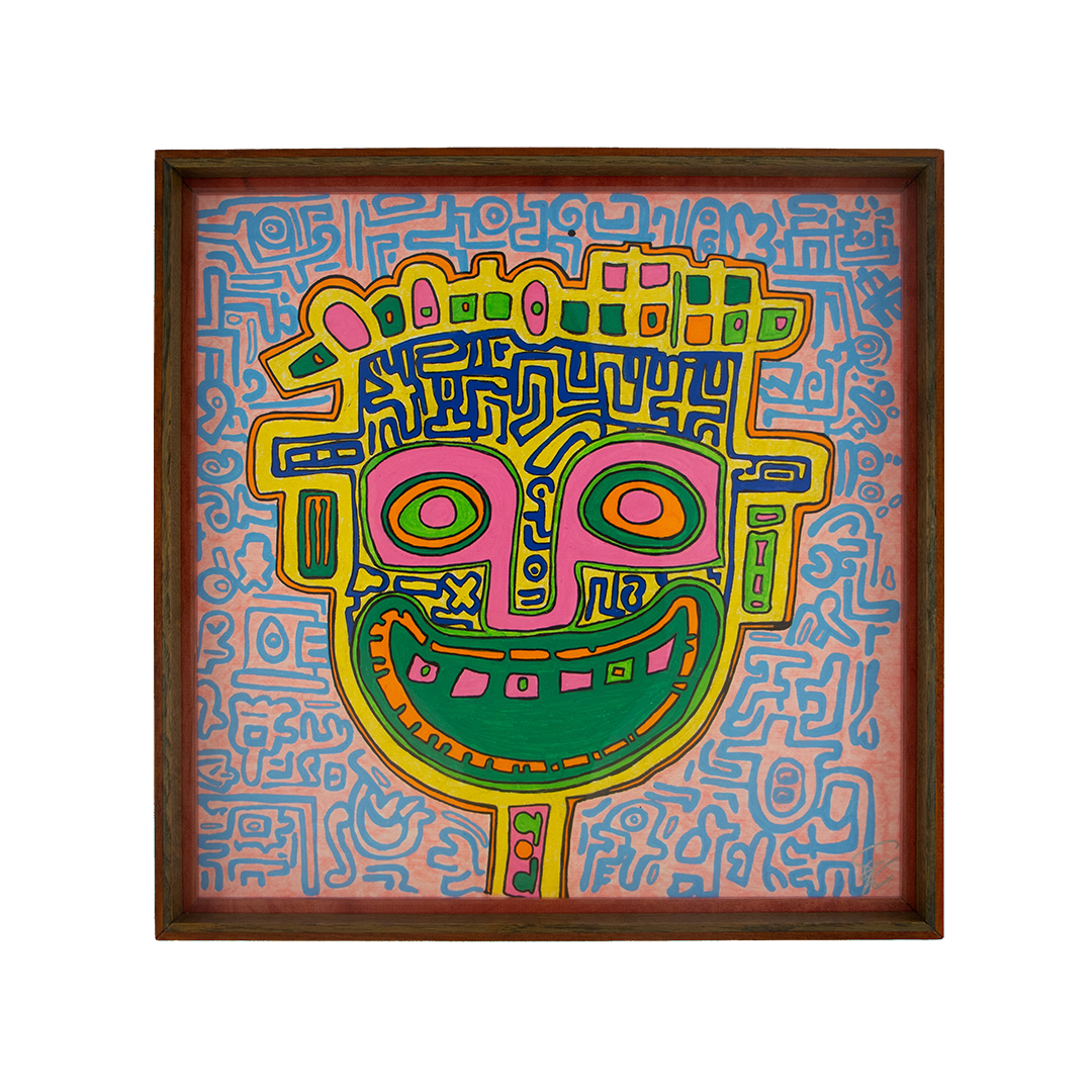 This work feels alert and heightened, holding surprise, intensity, and a more fragile inner charge within a single face. Unseen Signifiers: Artwork 006; framed colorful artwork featuring a yellow face