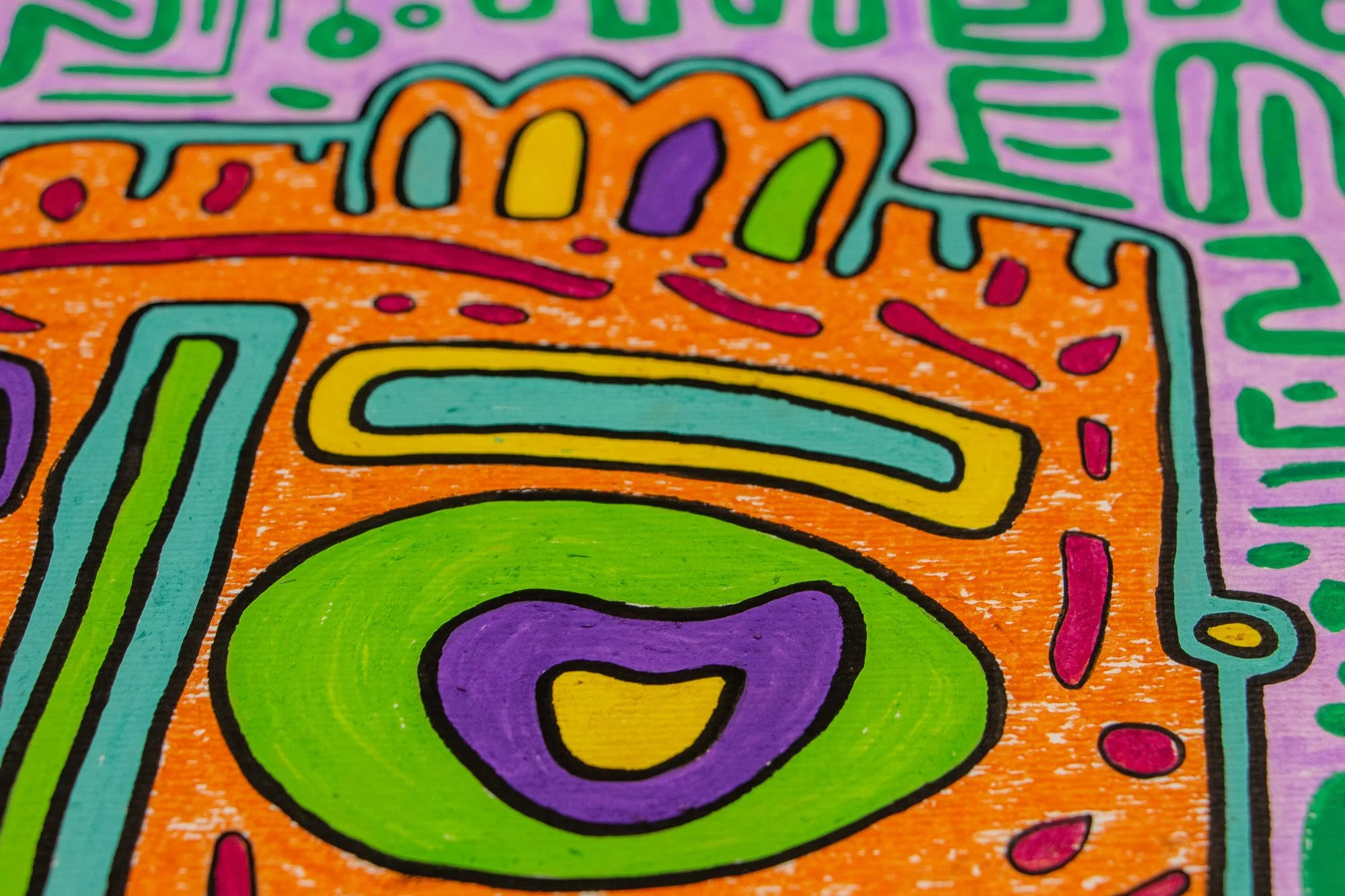 Unseen Signifiers 002 detail: upper section of the orange face, with a crown-like row of multicoloured forms and a yellow-banded aqua shape set beneath them.