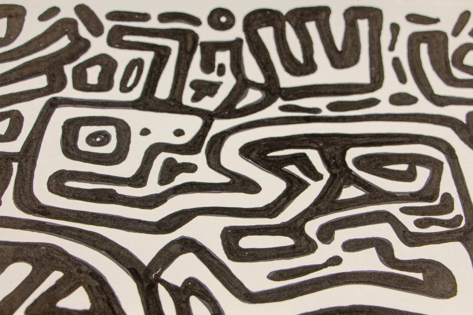 Formless Equation 003 detail: sweeping contour lines with single eye peeking through, rhythmic curves, ink on paper
