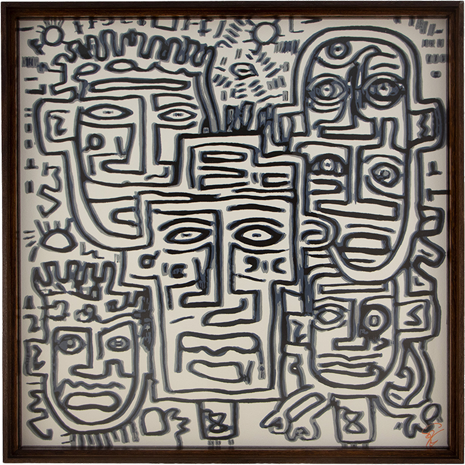 A central face holds briefly in view while adjacent figures and signs keep the composition optically unsettled. Luminous Parallax: Artwork 003; framed monochrome artwork on paper