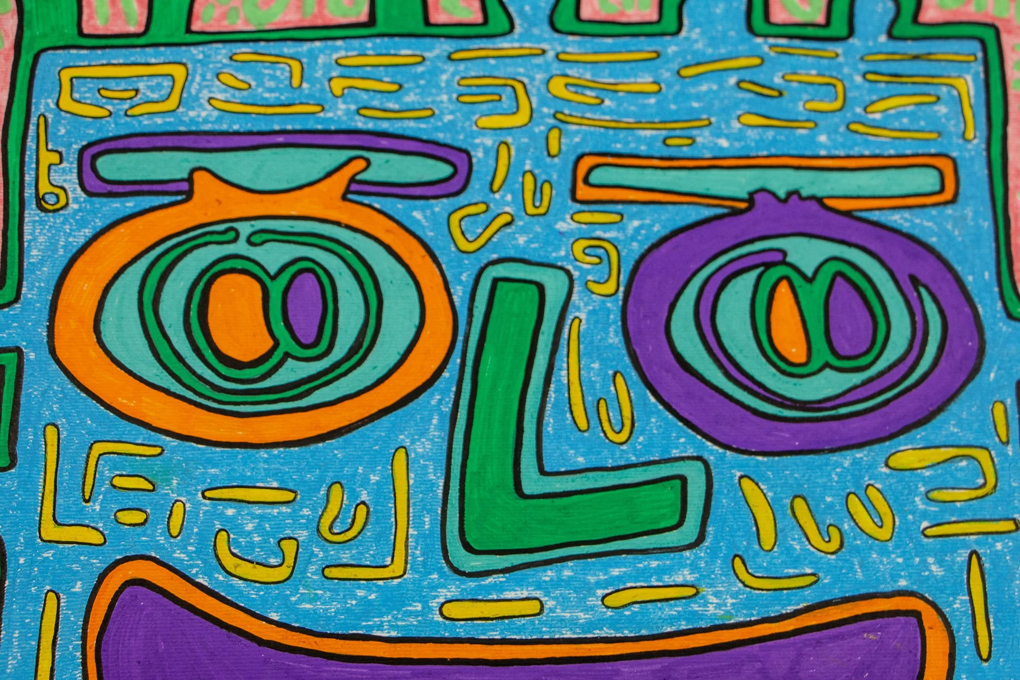 Unseen Signifiers 001 detail: close-up of the central face, showing the bright blue facial field, orange and purple eyes, green angular nose, yellow marks, and the curved purple mouth.