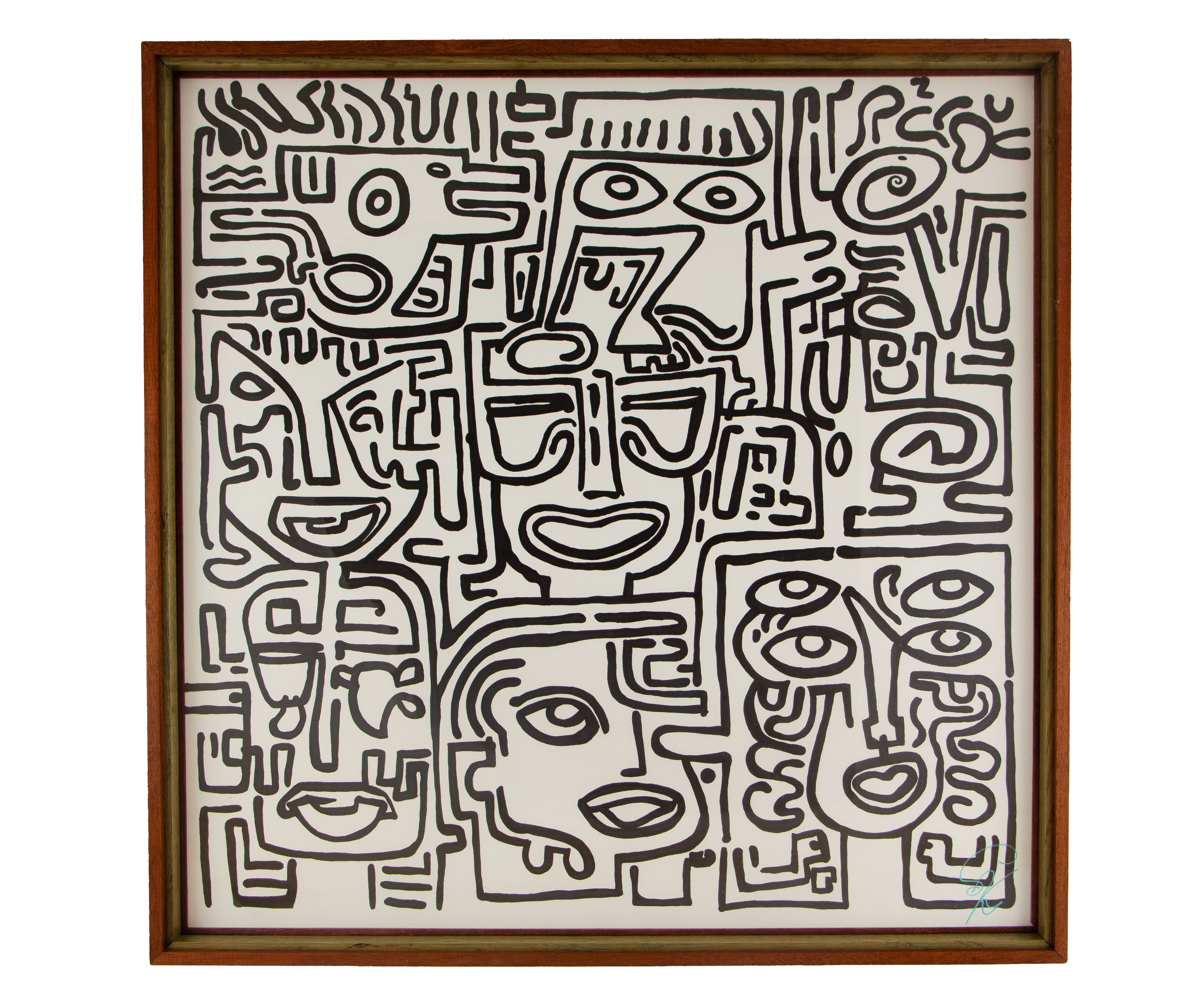 ringed eyes, looping paths, and open facial forms hold tension and stillness in the same breath. Resonant Syntax 001; black ink on paper; layered mahogany-and-oak frame in a pink, mint, and blue sequence.