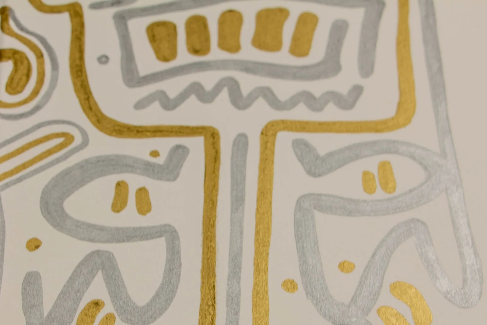 Golden Nostalgia 003 detail: totem pair, boxed mouth with vertical bars and small tear-dots; interleaved gold and silver pathwork