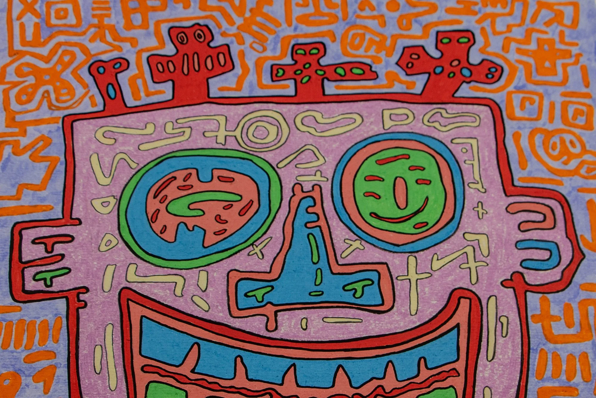 Unseen Signifiers 010 artwork detail: frontal view of the face-like composition, with red crest forms, asymmetrical circular eyes, a blue nose, and a broad mouth set against lavender and pale blue fields with orange symbols.