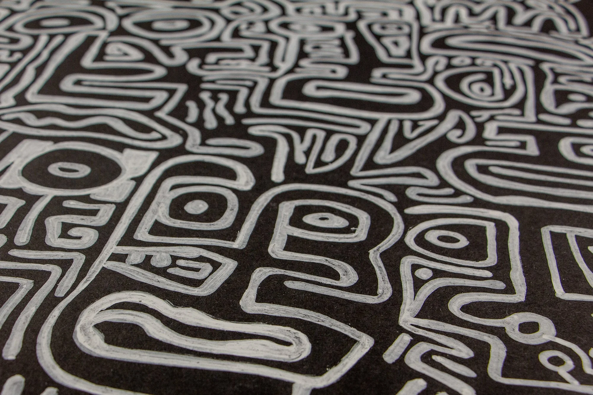 Mêlée of Discovery 003 detail: broader section of the composition showing multiple stacked faces and symbols, each emerging briefly before dissolving back into the surrounding network.