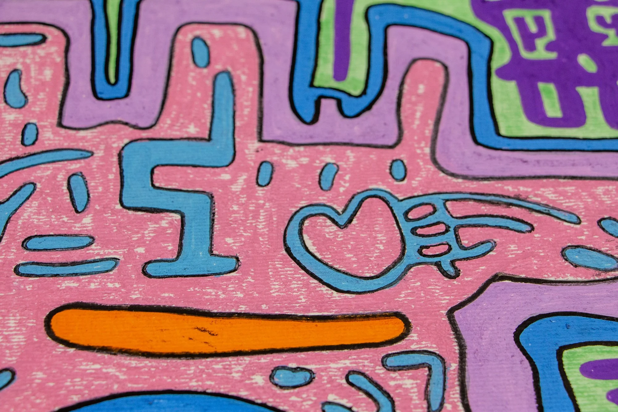 Unseen Signifiers 005 detail: upper-right close-up with a blue heart-like symbol, orange horizontal bar, and scattered blue marks across the pink face area.