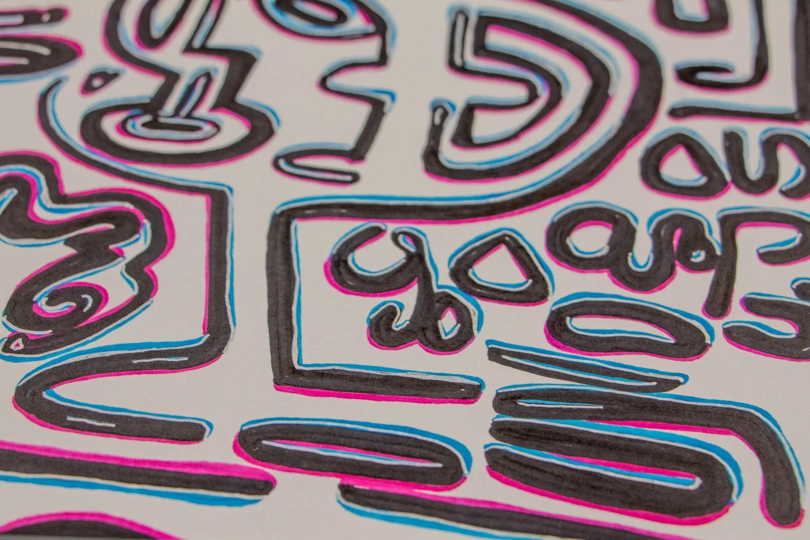 Silence’s Caesura 002 detail: glyph field, spirals, brackets and a rectangular cartouche; pink and light-blue edging rides the black contours