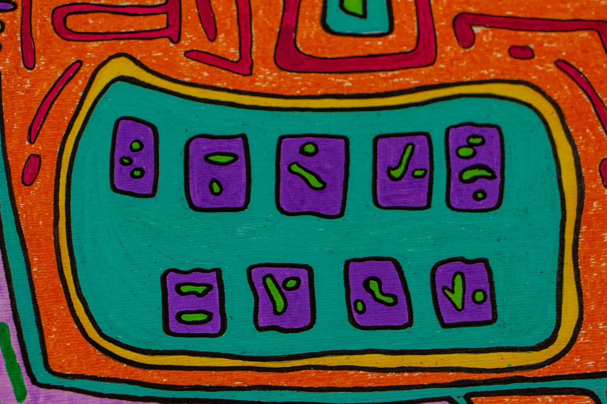Unseen Signifiers 002 detail: close-up of the turquoise mouth panel, containing small purple sign blocks with green marks, framed by yellow, orange, and black outlines.