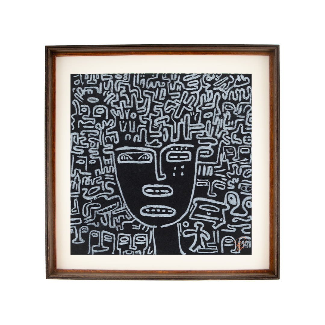 Heat and confusion erupt; lines collide, yet direction begins to form. Synaptic Mythos: Artwork 002; ink on paper; ash-stained oak frame with double wengé rails; inner red accent band.