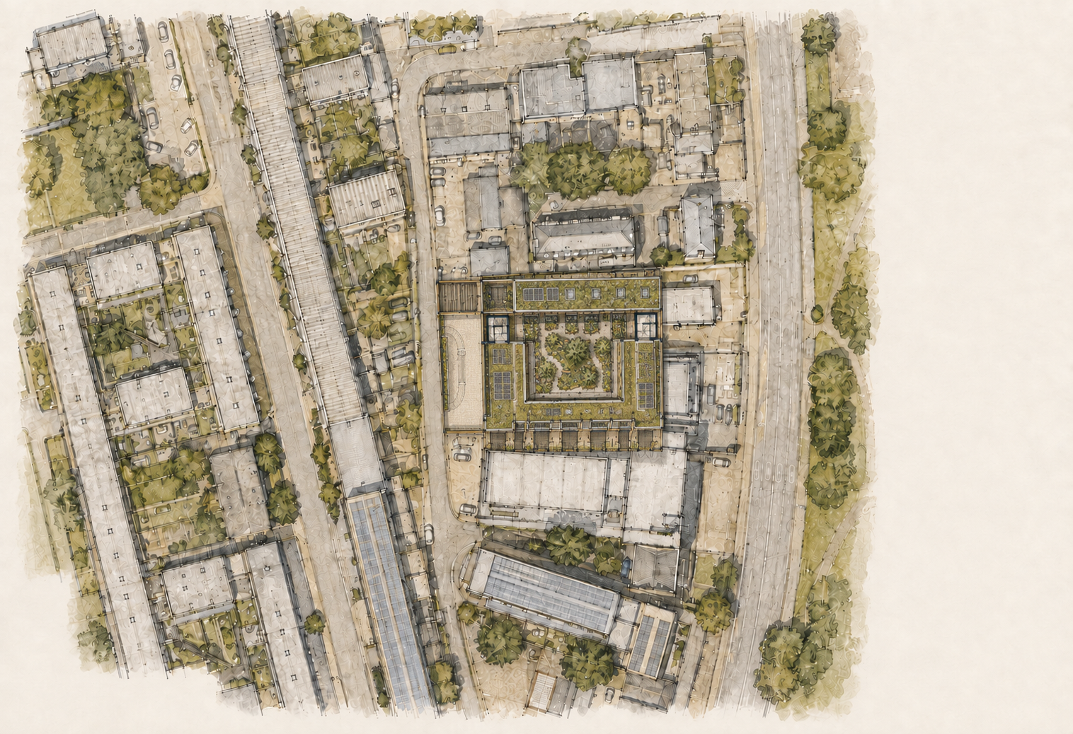 Illustrative maker-courtyard strategy separating productive workspace, servicing and a planted shared courtyard.