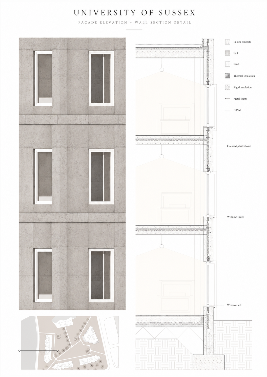 Wall Section — Layered wall section through render, insulation, structural frame and inner finish