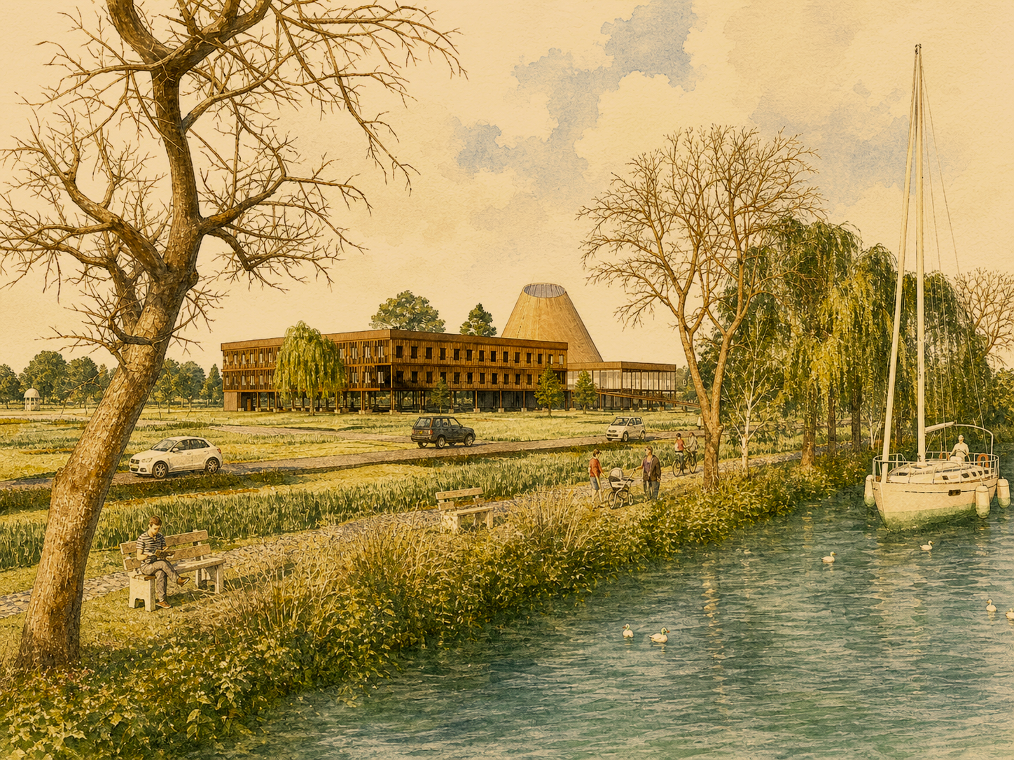 Watercolour architectural visualisation of the Citizens Assembly building beside a landscaped waterfront with paths, trees and moored boats.