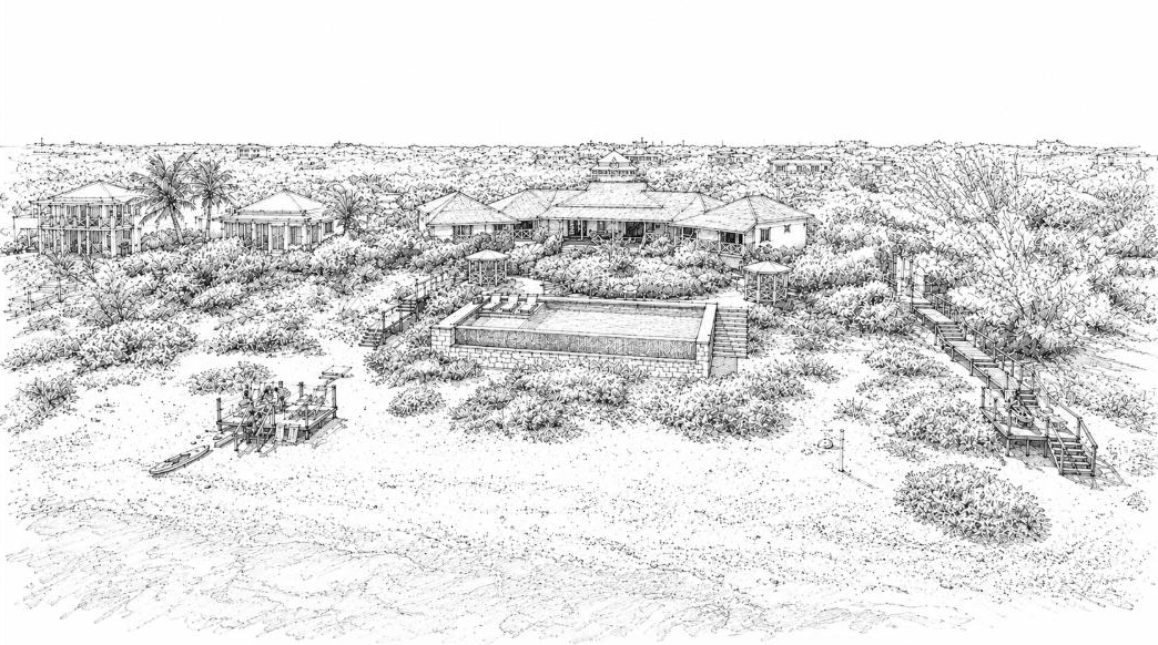 Technical line drawing of the proposed pool, terrace levels, retained gazebos and seaward edge.