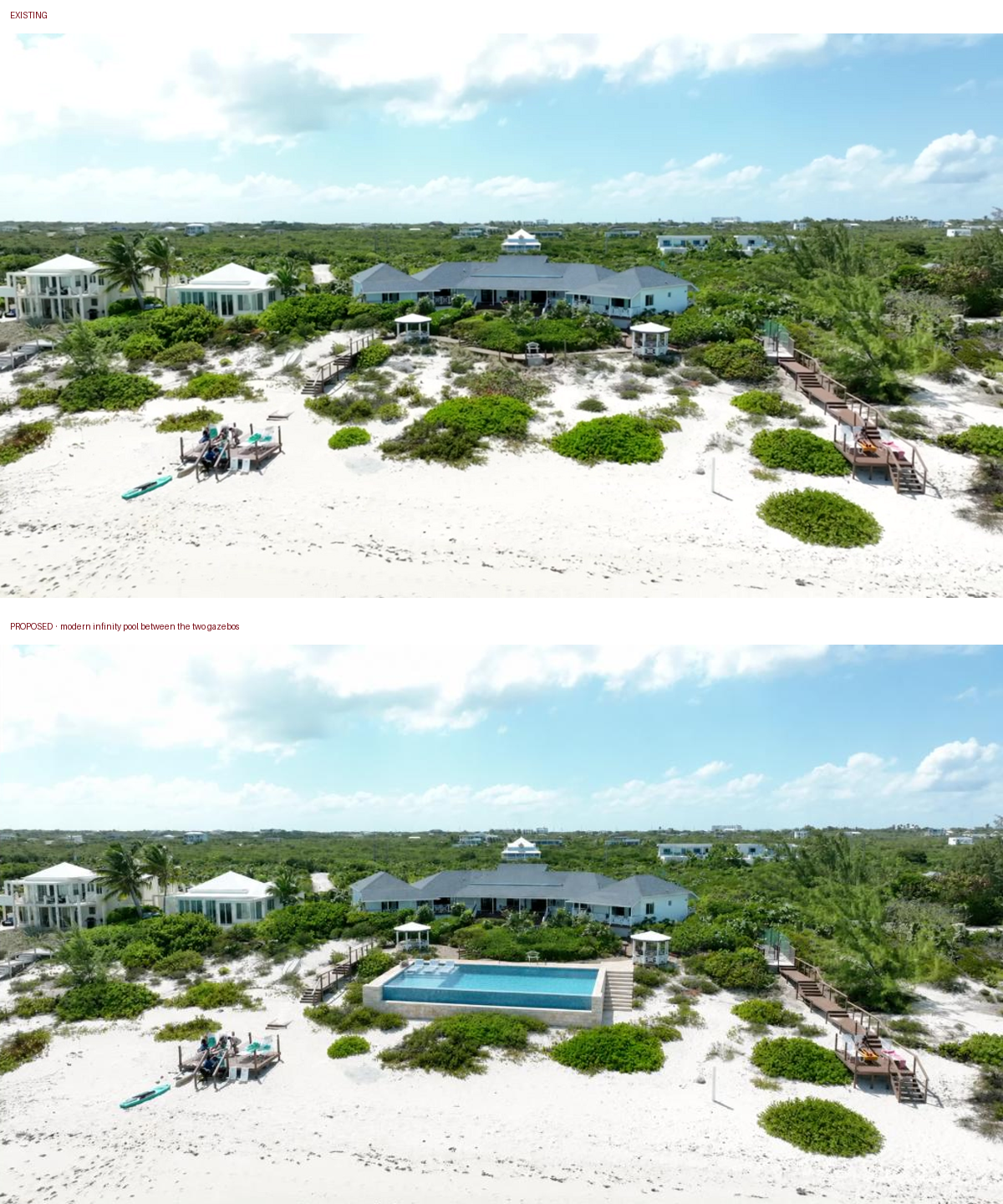 Before and after comparison showing the existing garden and proposed infinity-pool terrace.