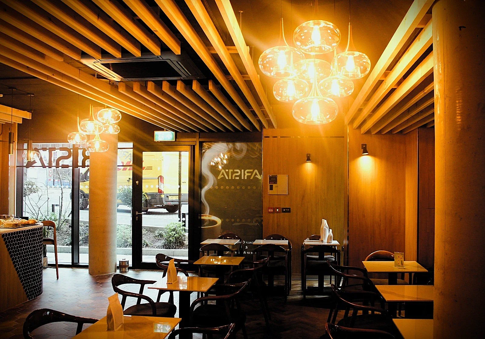 Completed Interior — Wide view of the dining area.