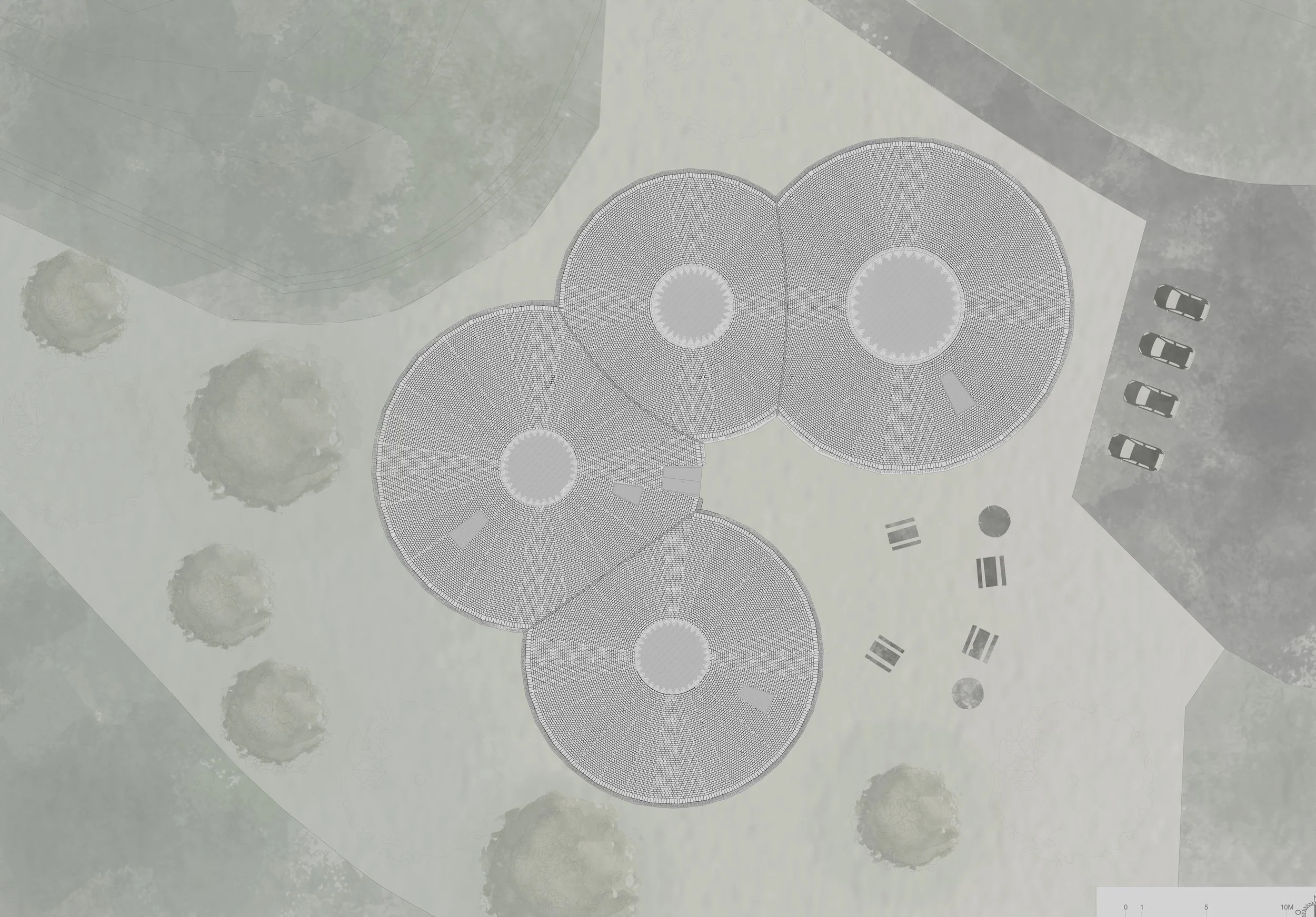 Site Plan — The cascade of conical volumes stepping down the chalk slope.