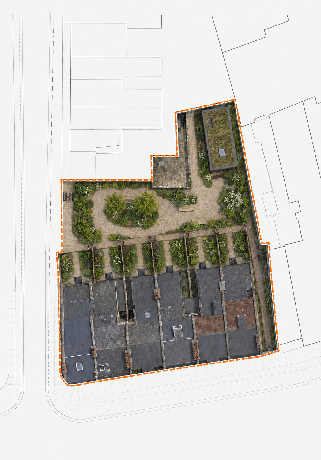 Landscape Strategy — Illustrative feasibility study testing private gardens, a shared landscaped courtyard and a low green-roof pavilion.