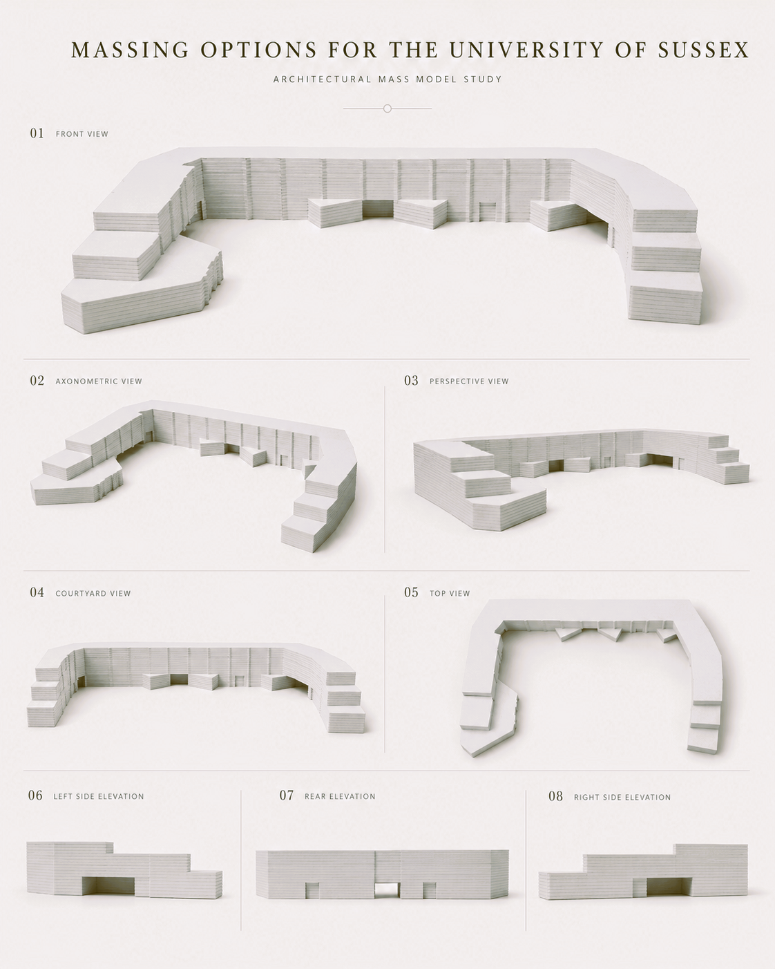 Massing Options — White-card studies of courtyard proportion and frontage.
