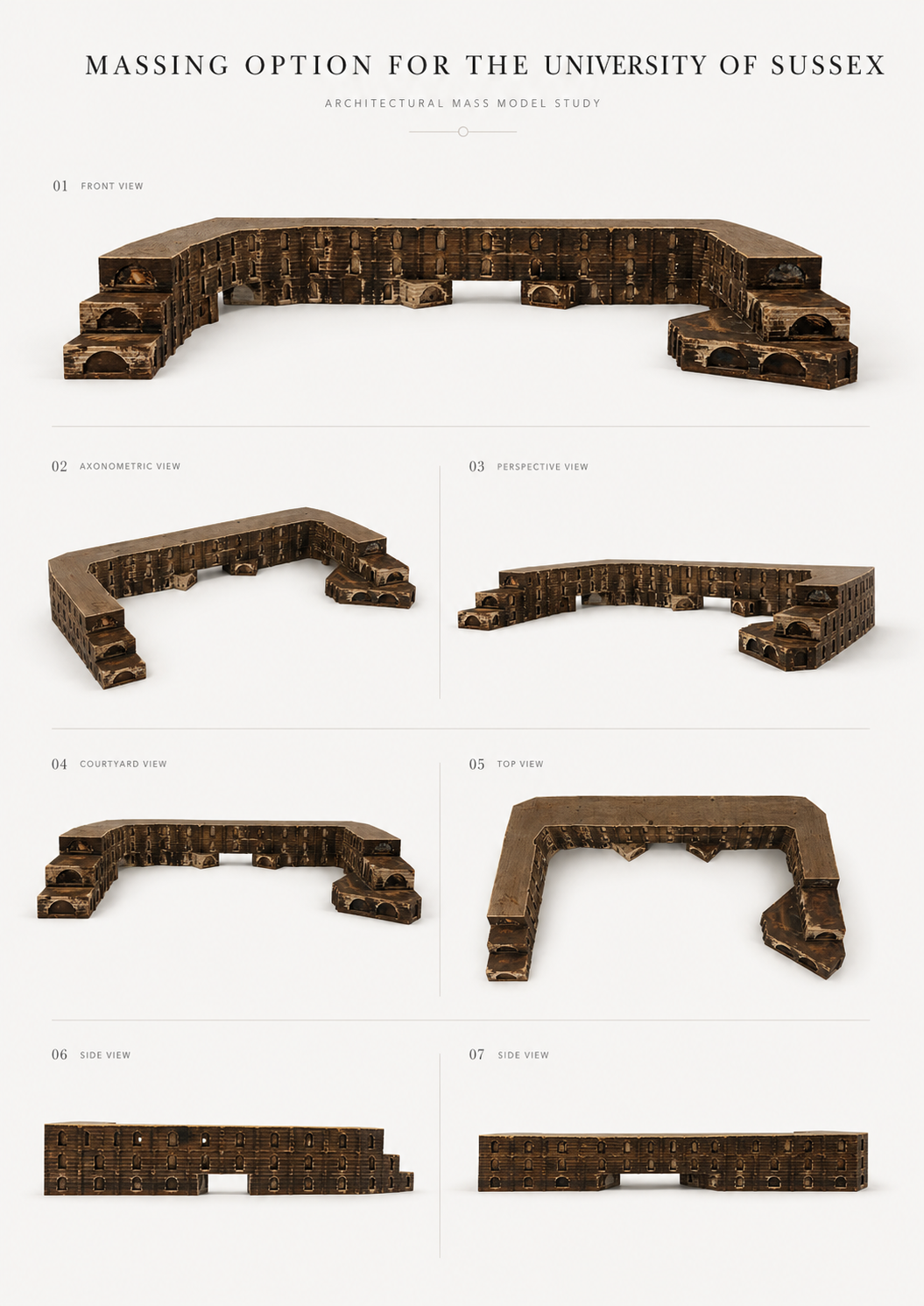 Massing Variant — Composition explored against a different wing geometry and courtyard proportion
