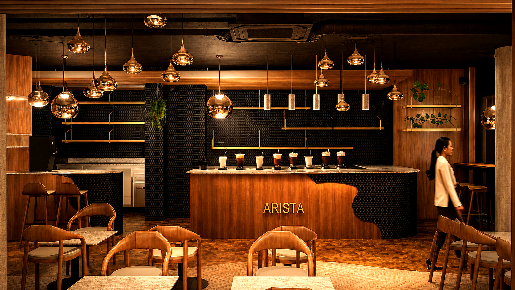 Visualisation — Bar counter with seating and feature wall.