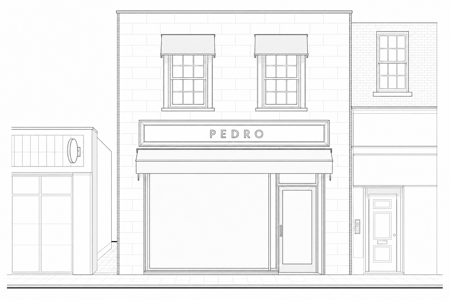 RLS/03 · FRONT ELEVATION
AI-assisted elevation study resolving the shopfront composition across the two-storey frontage.