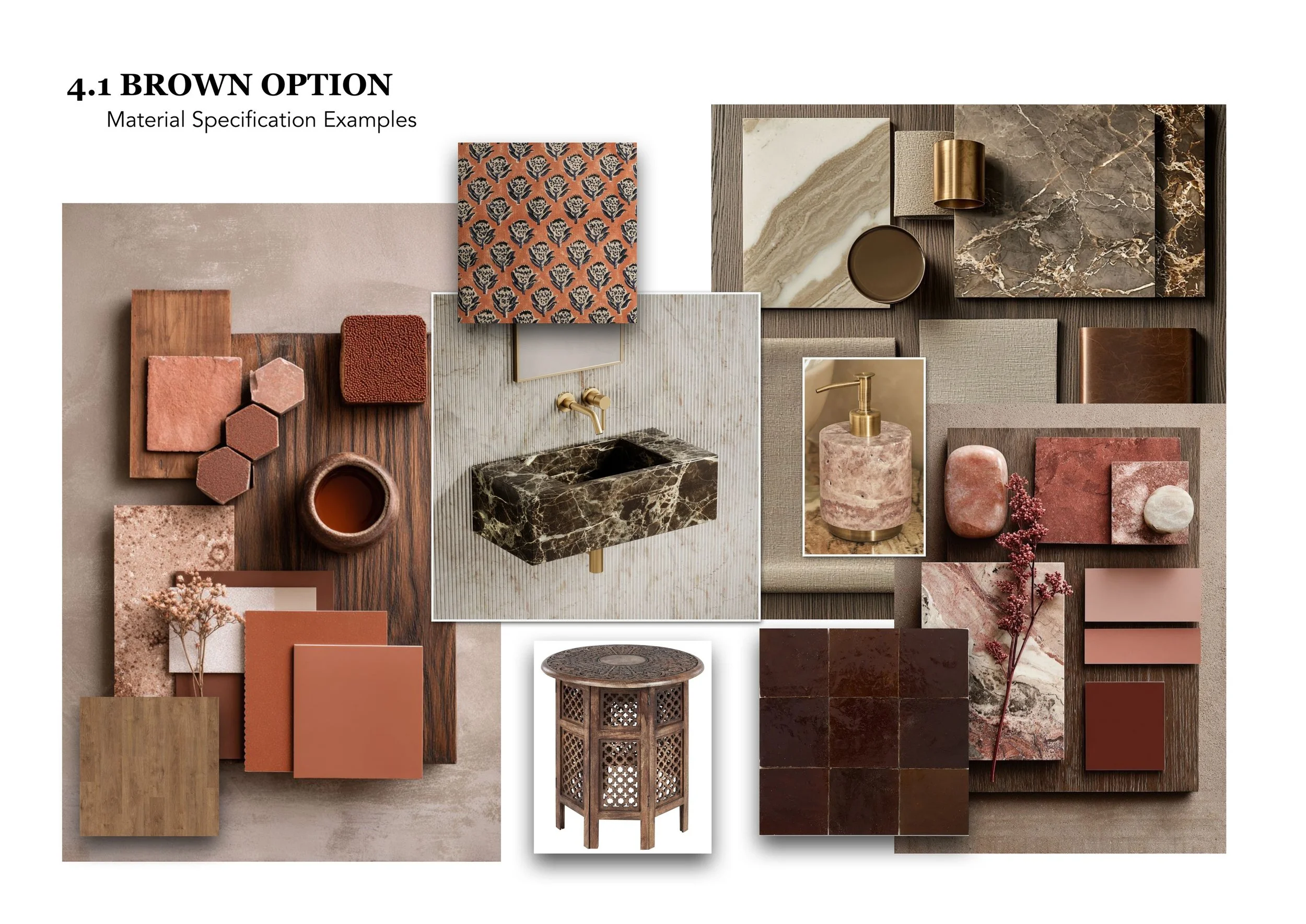 Material Palette — Oiled timber, brass, dark leather and brick informing the interior.
