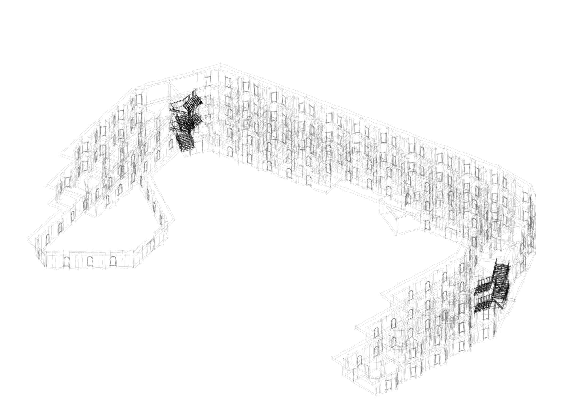 Axonometric — The two accommodation wings framing the central court.