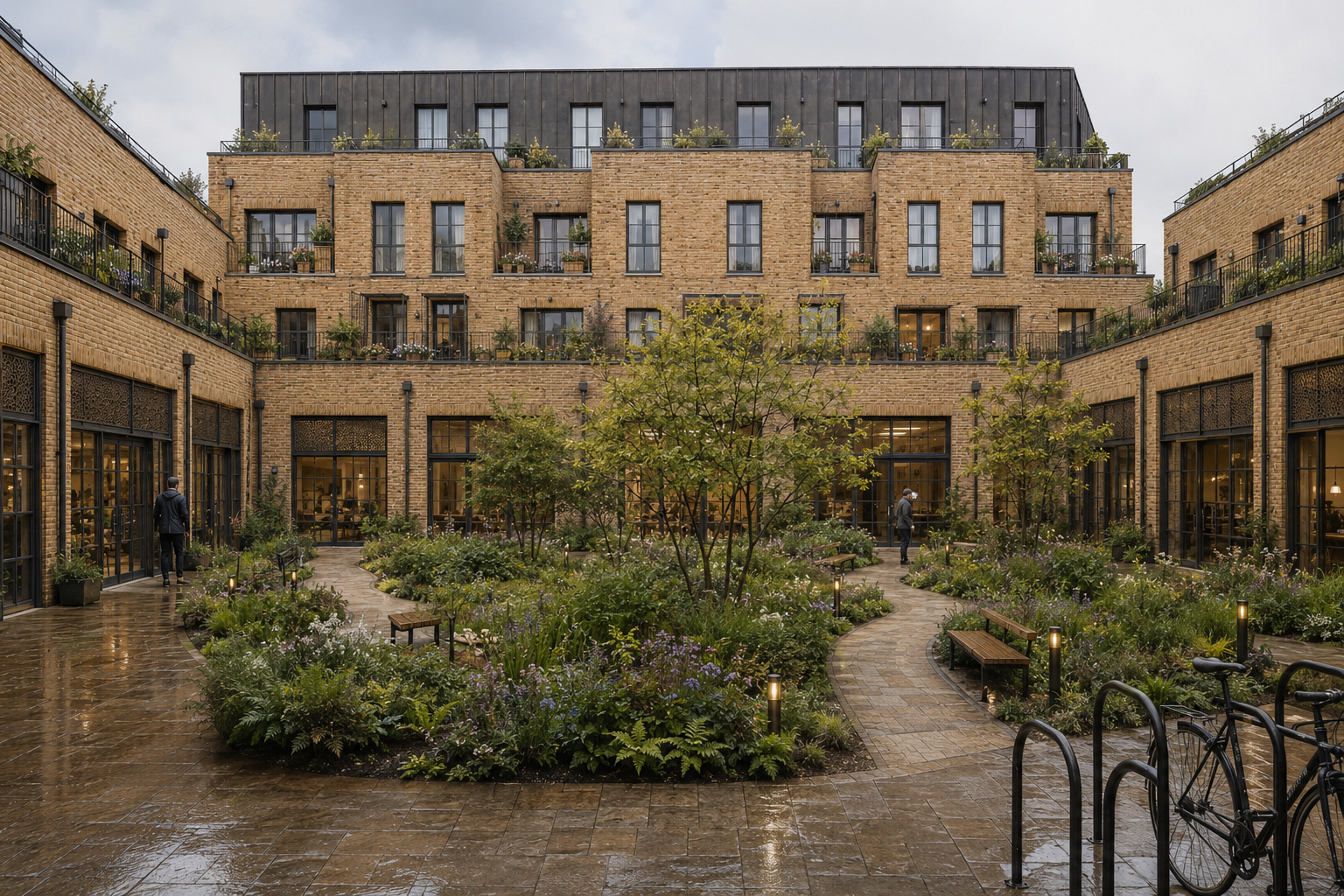Architectural visualisation of a planted rain-garden courtyard framed by brick maker workspace and stepped homes at Winans Yard in Brixton.