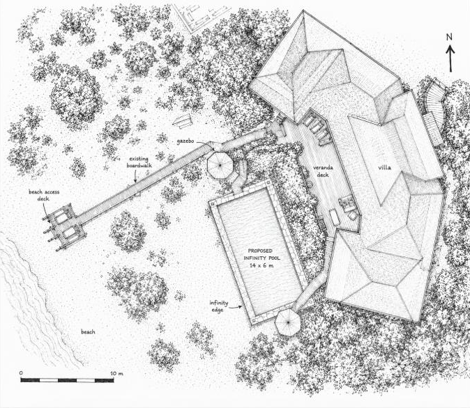 Concept plan sketch setting out the pool between the retained gazebos and the house.