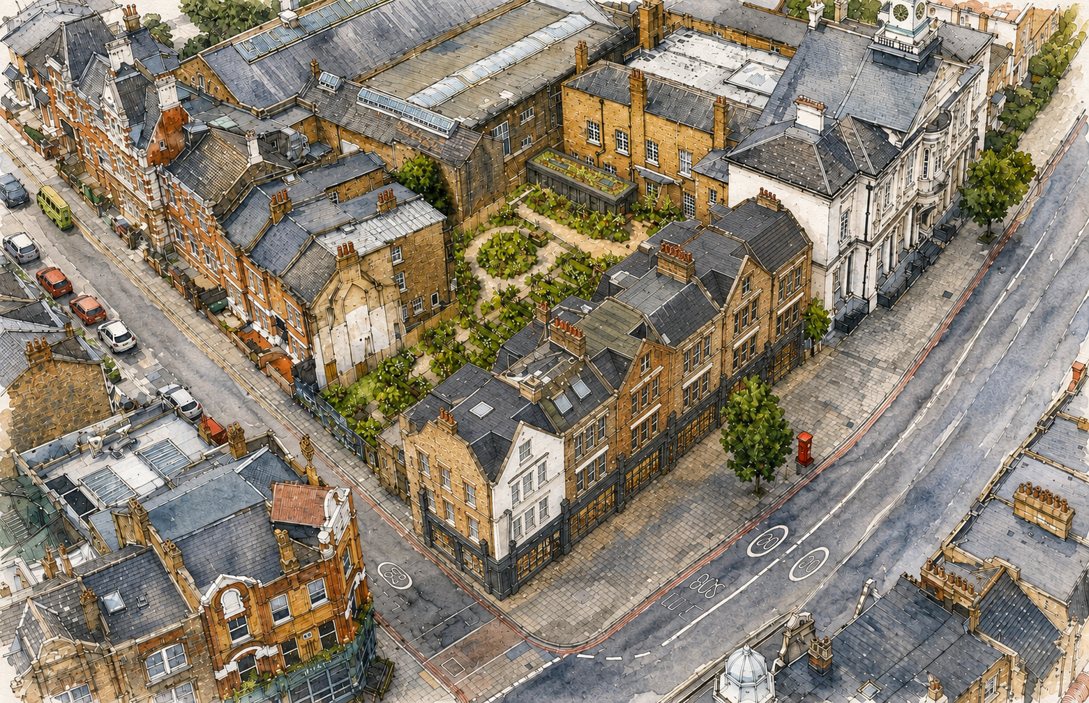 Courtyard Block Study — Illustrative aerial study of the retained terrace, shared garden and low pavilion within its heritage setting.