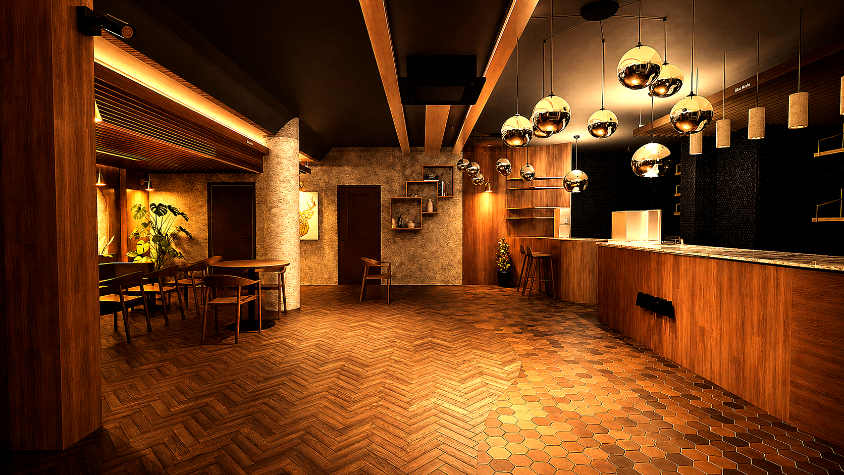 Visualisation — Entrance view looking towards the bar.