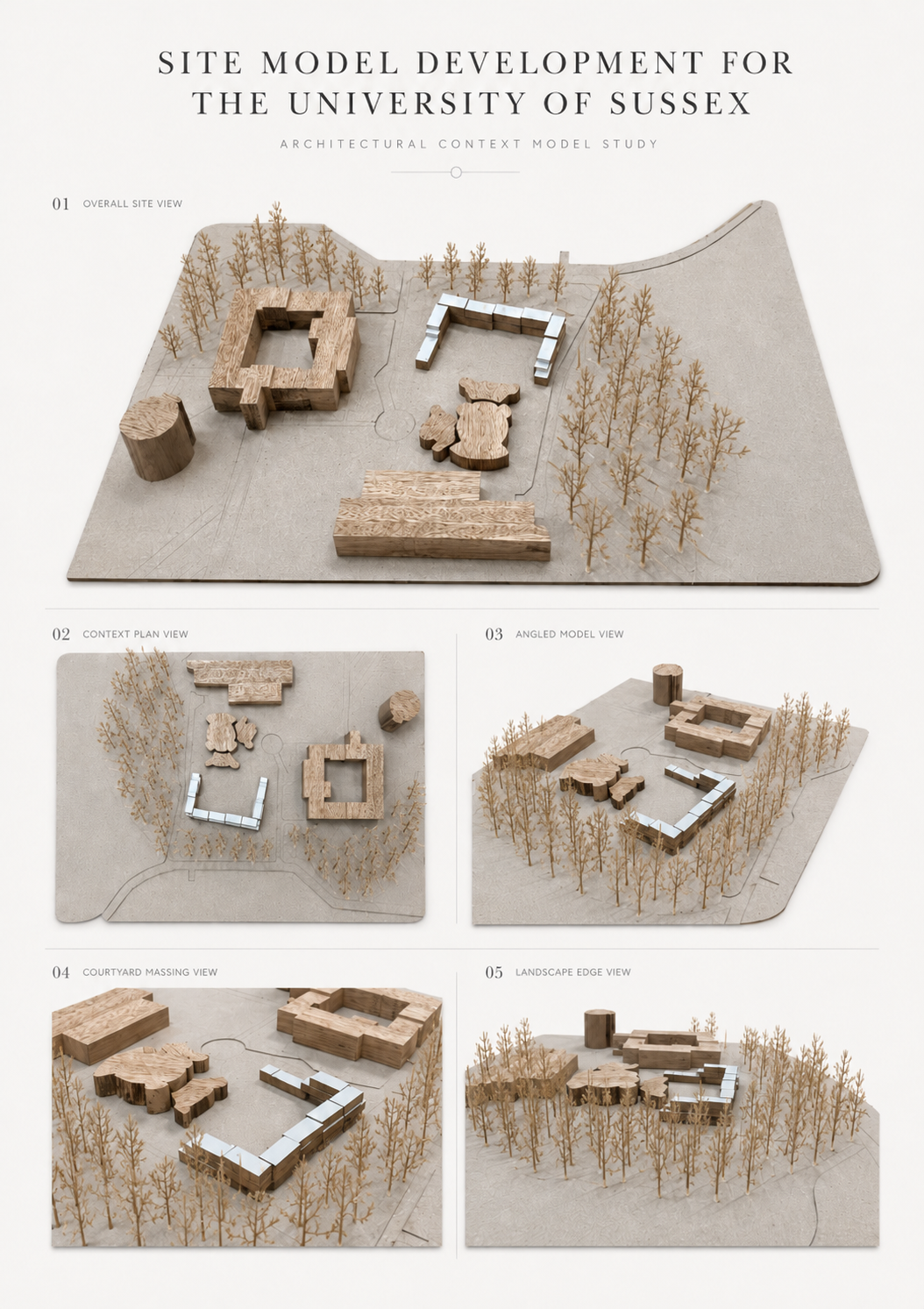 Massing Model — Physical mass model: two wings rotated around a central court, set against the campus context