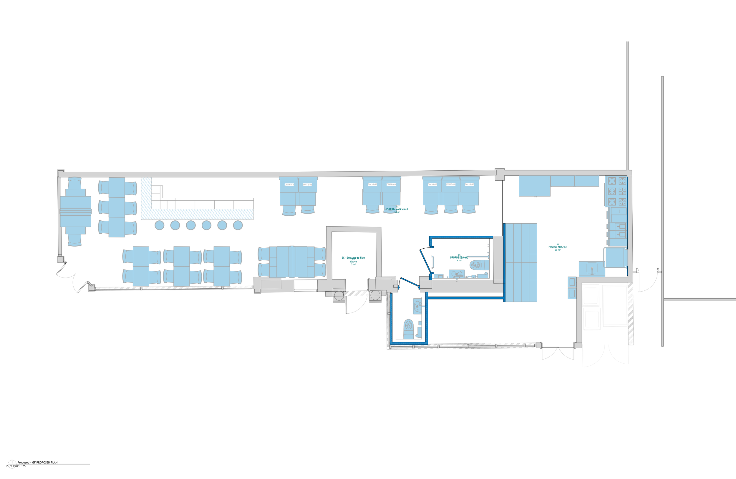 Proposed Ground-Floor Plan — Commercial kitchen, relocated customer WC and open dining area facing Kew Road.