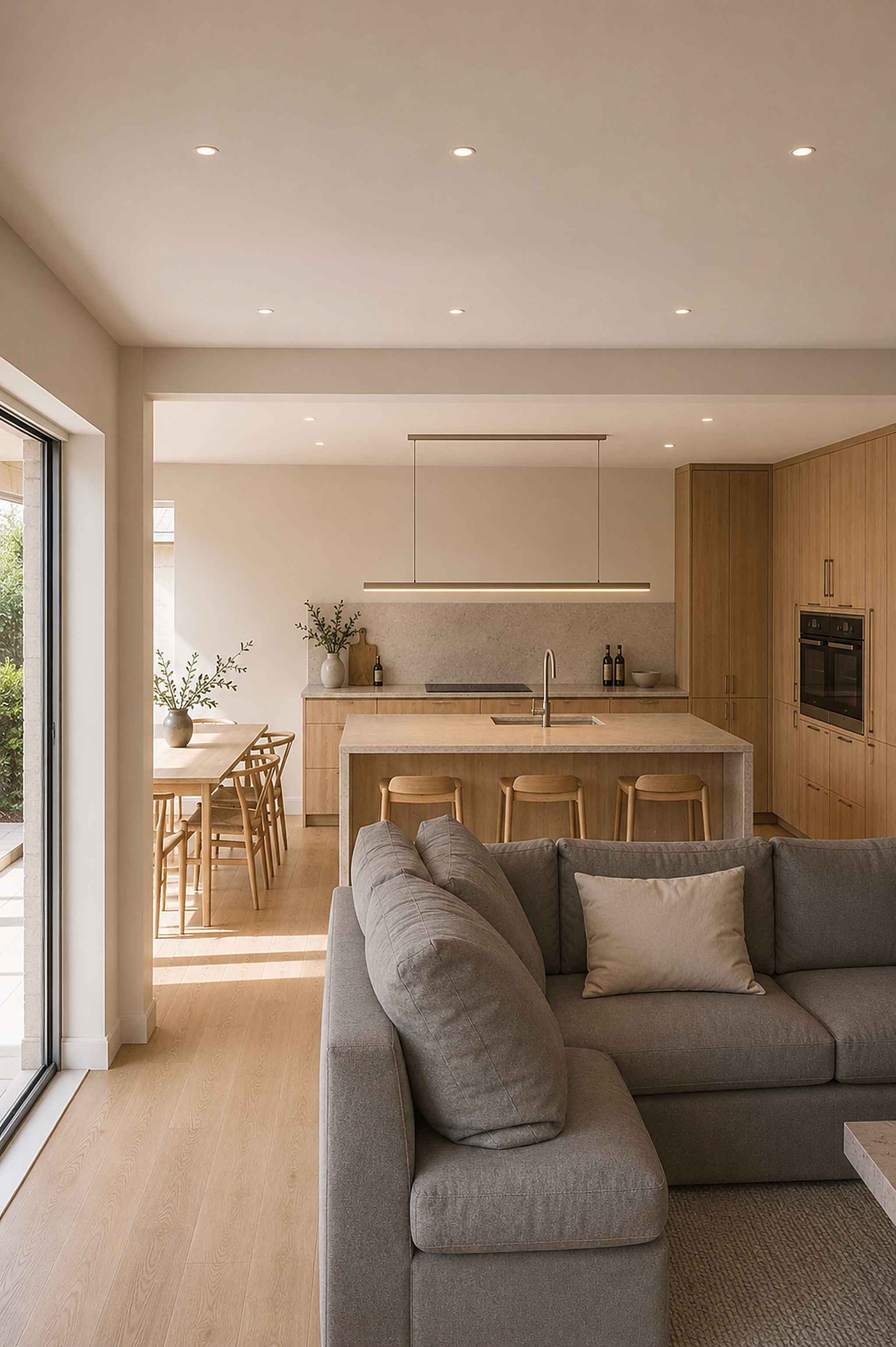 Kitchen Render — View across the island to the dining space and garden.
