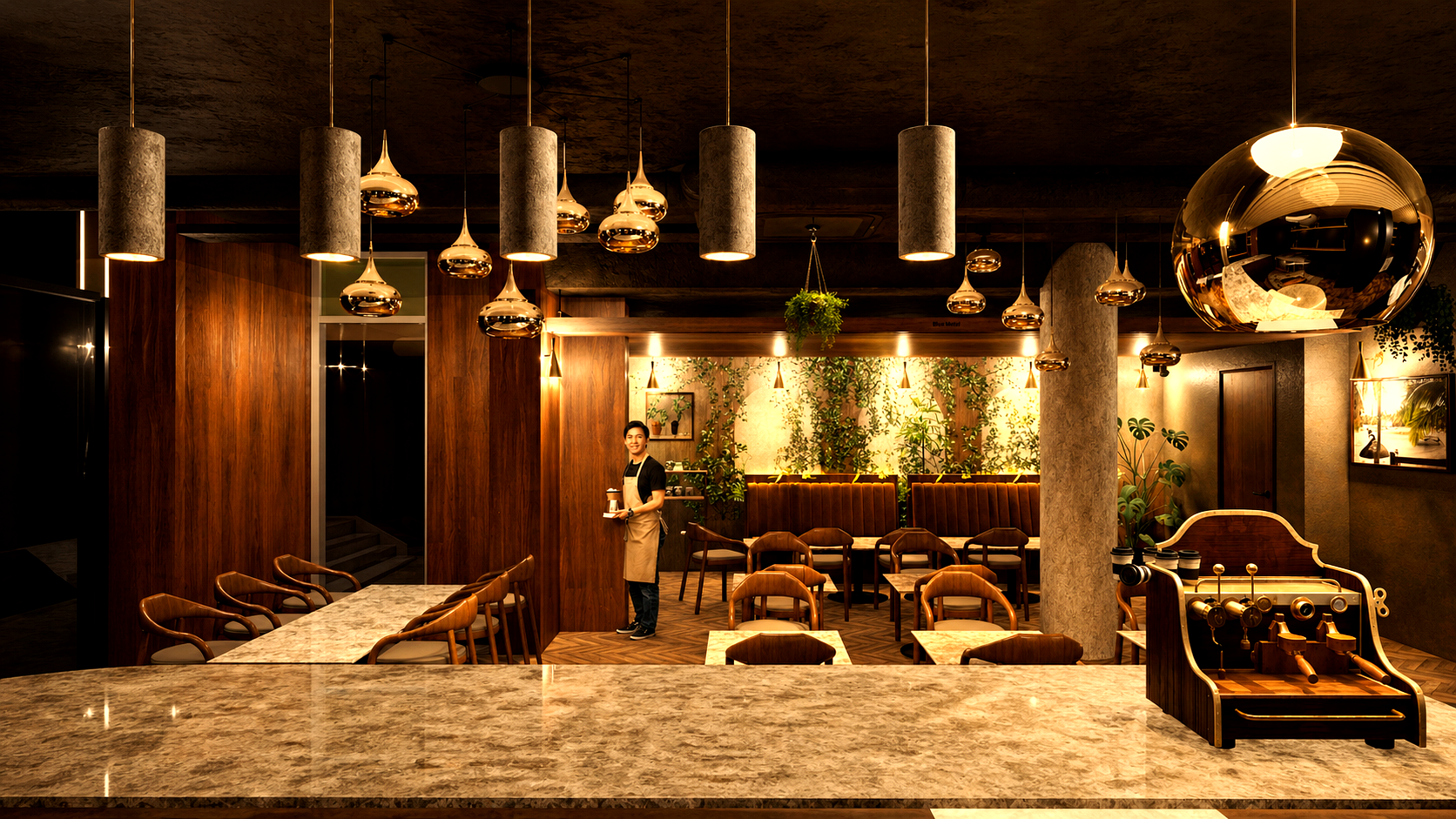 Visualisation — View from the bar towards the lounge seating.