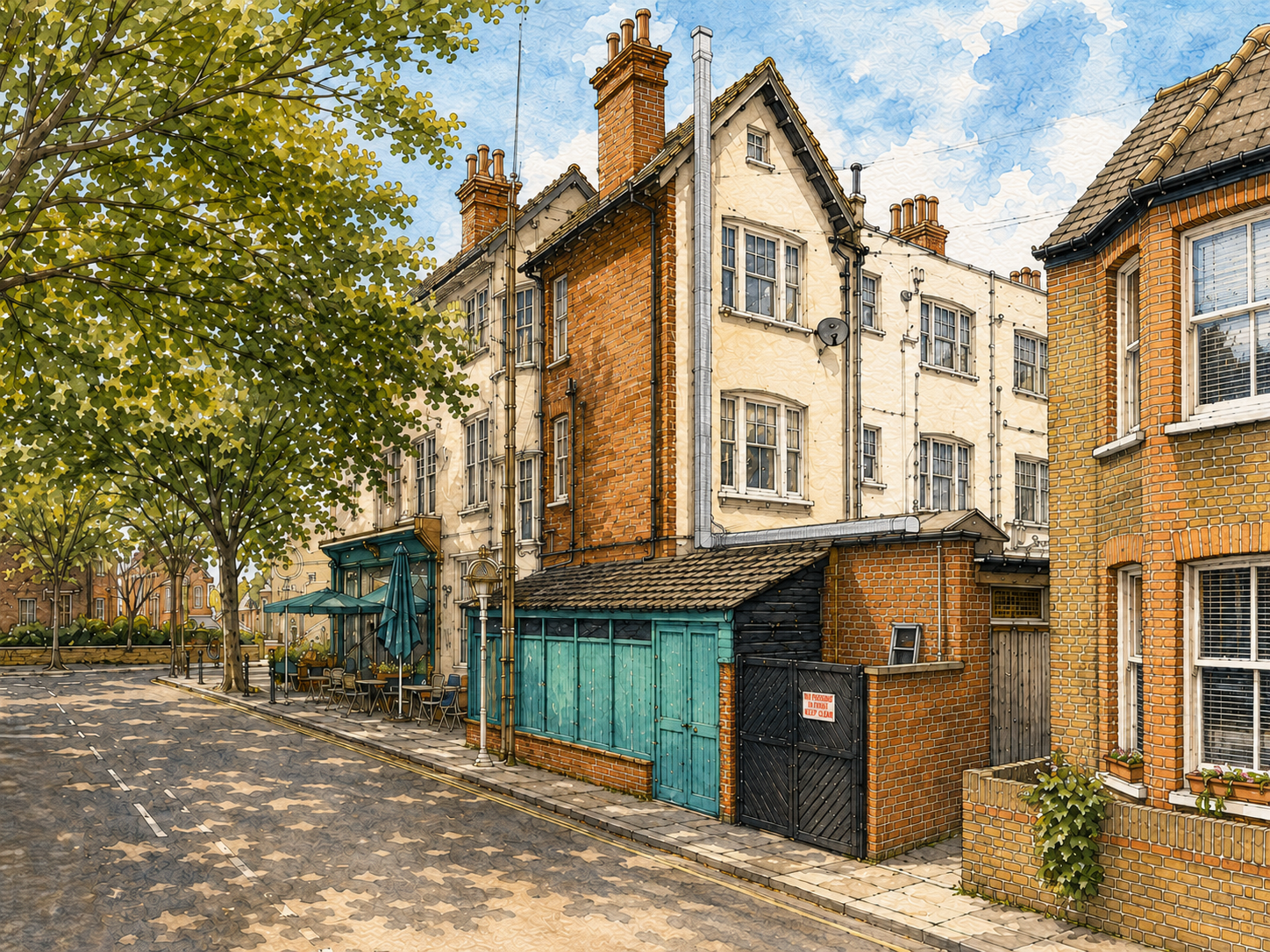 Rear Elevation — Watercolour study of the Evelyn Gardens frontage.