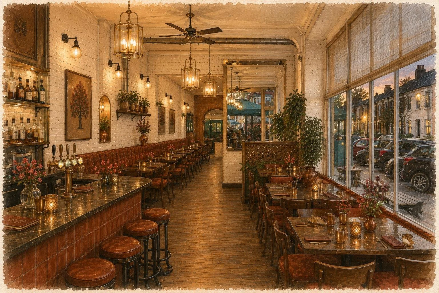 Dining Interior — Evening watercolour with exposed brick and the retained Kew Road shopfront beyond.