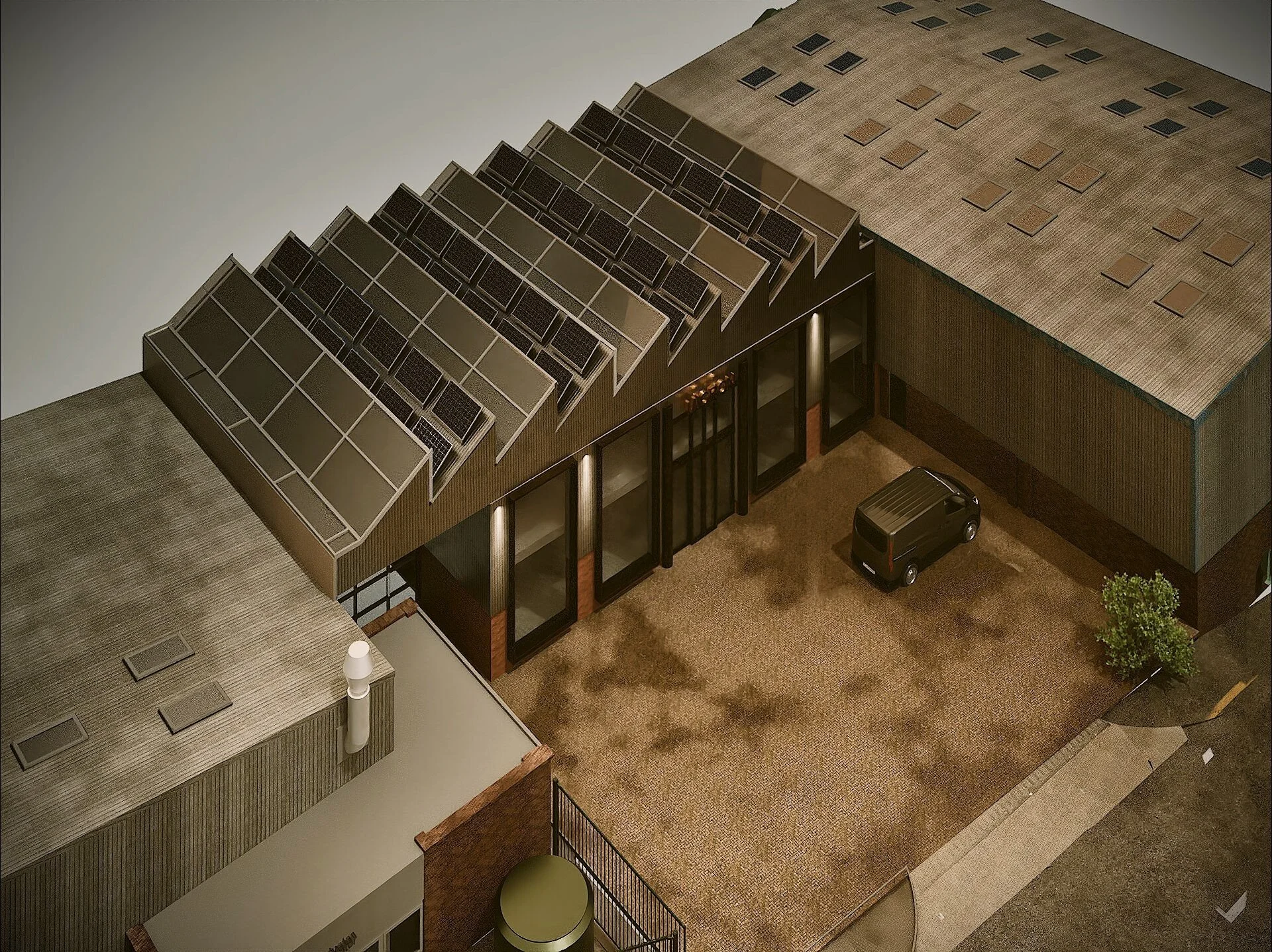 Axonometric — Spatial organisation, front-of-house separated from the technical zones.