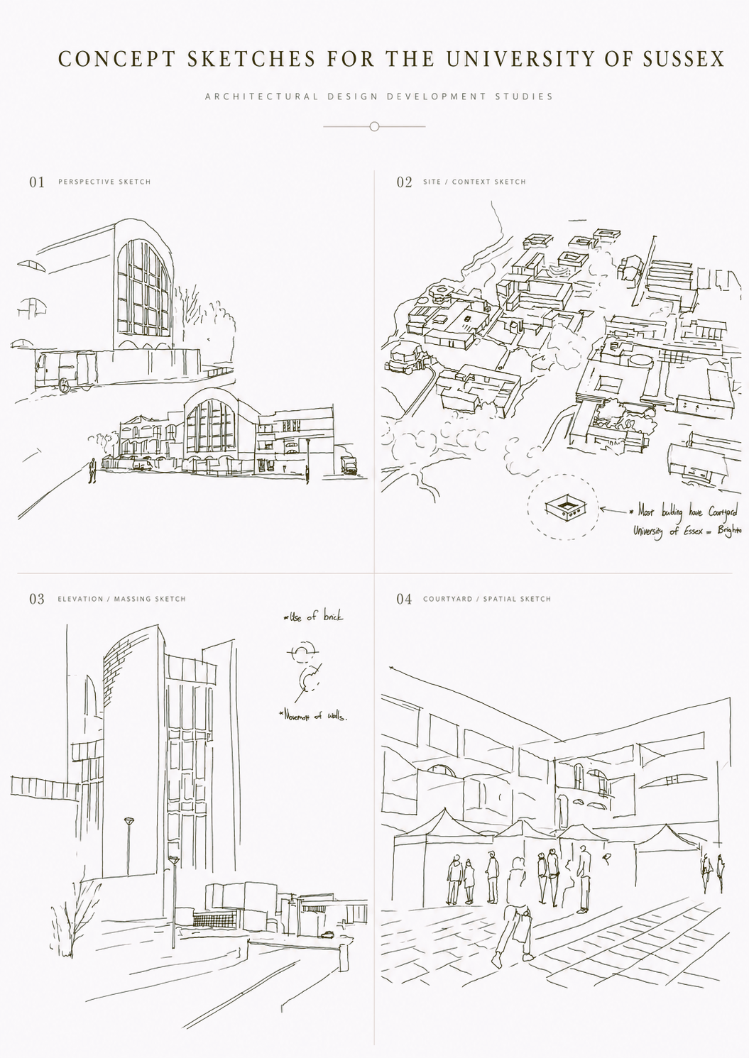 Concept Sketches — Annotated hand studies of constraints, light and approach.