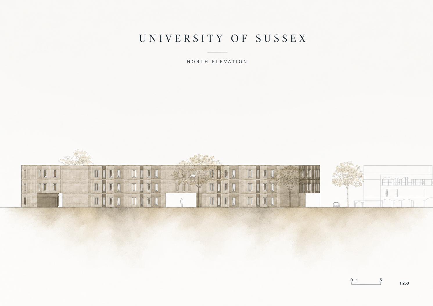 Long Elevation Study — The north elevation as read from the campus quadrangle: pale render, deep reveals, timber screens.