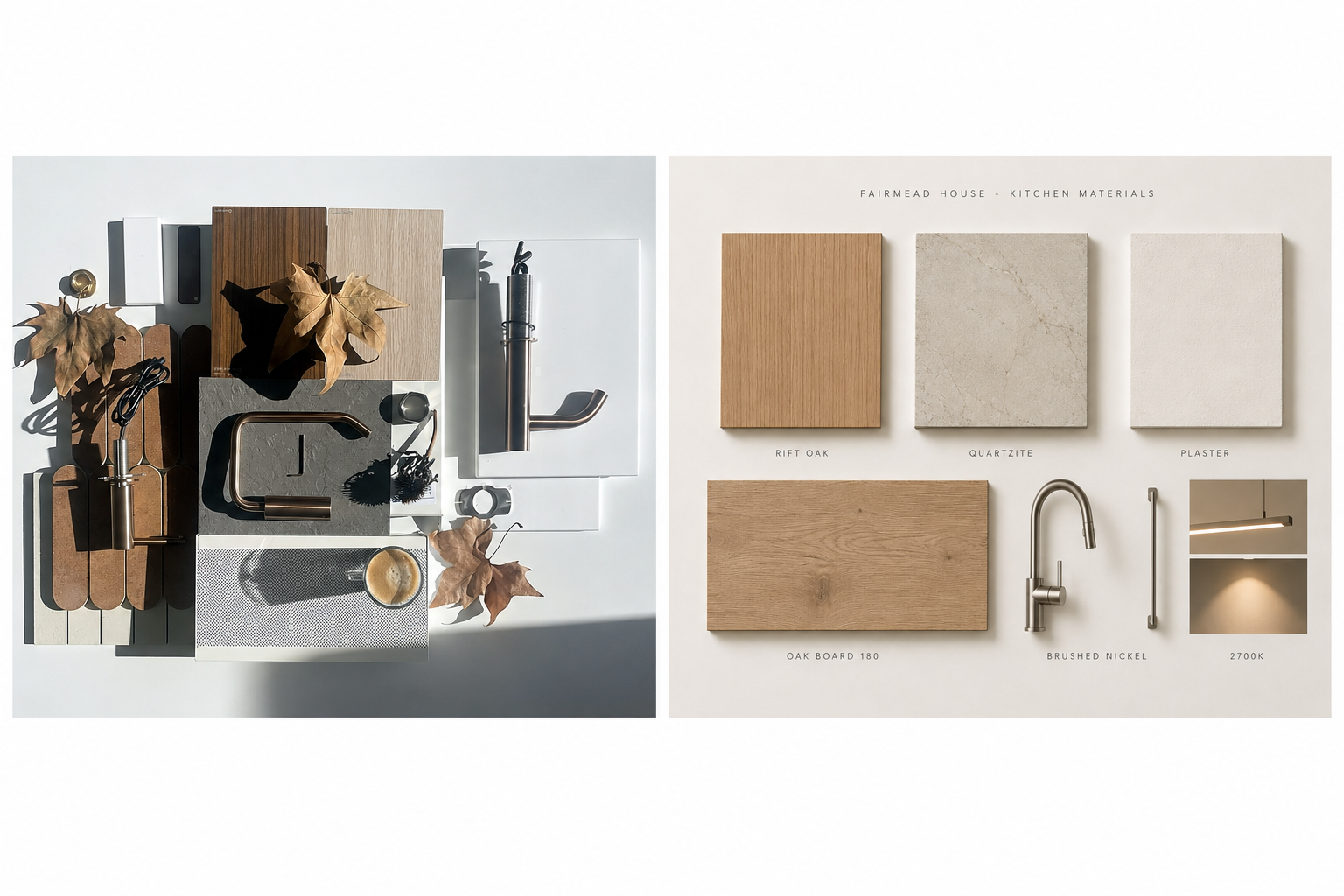 Materials — Sample board and kitchen materials palette.