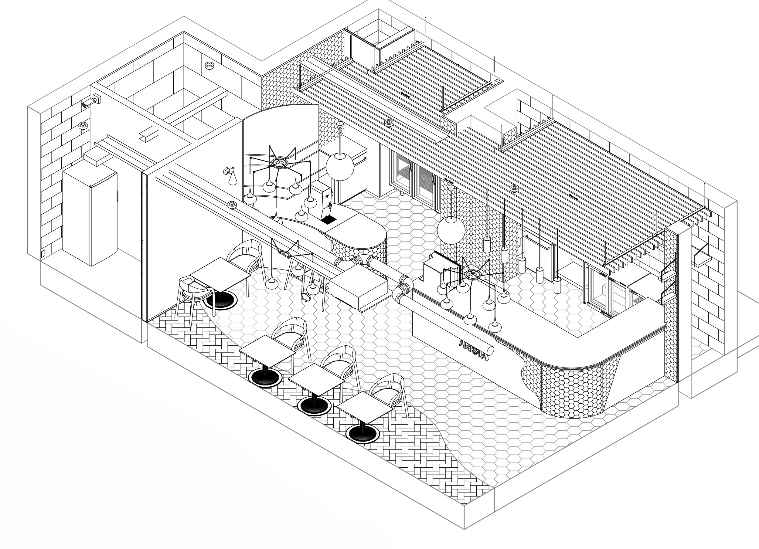 Axonometric Study — Bird’s-eye view of the proposed interior arrangement.